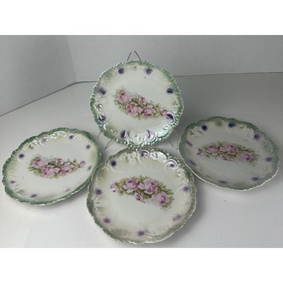 Antique Green Leuchtenburg Germany Round Plate Pink Roses 6” Set Of 4 - Picture 1 of 2